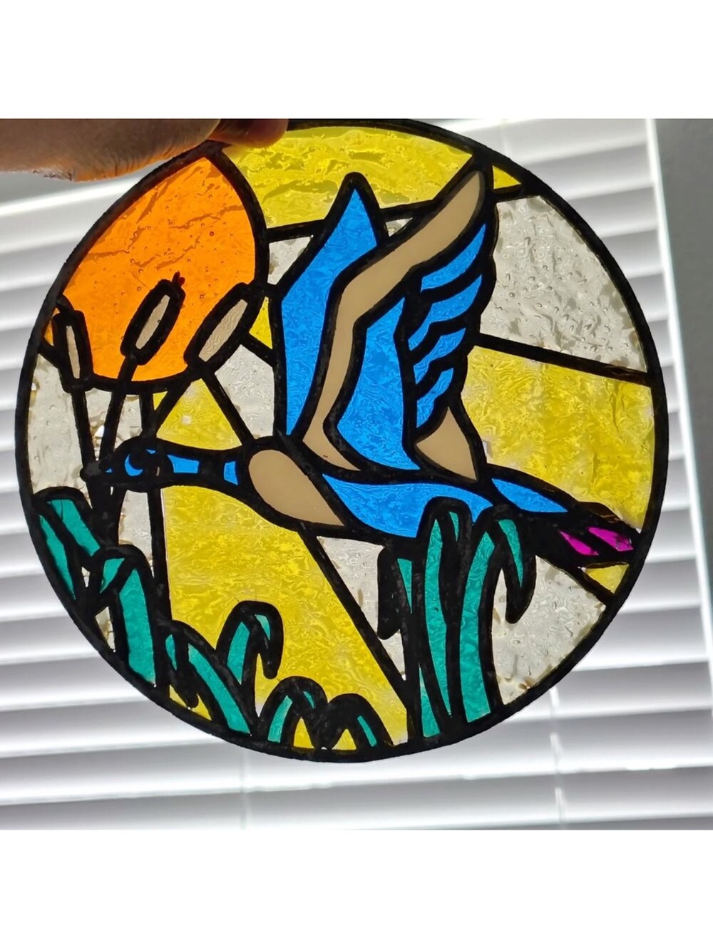 Vtg Stained Glass Window Hanging Panel Flying Blue Goose Grass Suncatcher READ